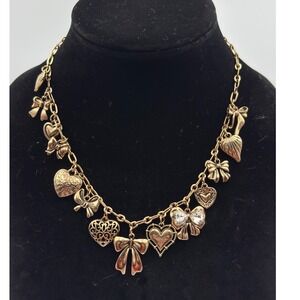 Gold Tone LA Hearts Heart Bow Charm Adjustable Statement Necklace 15"-18"
